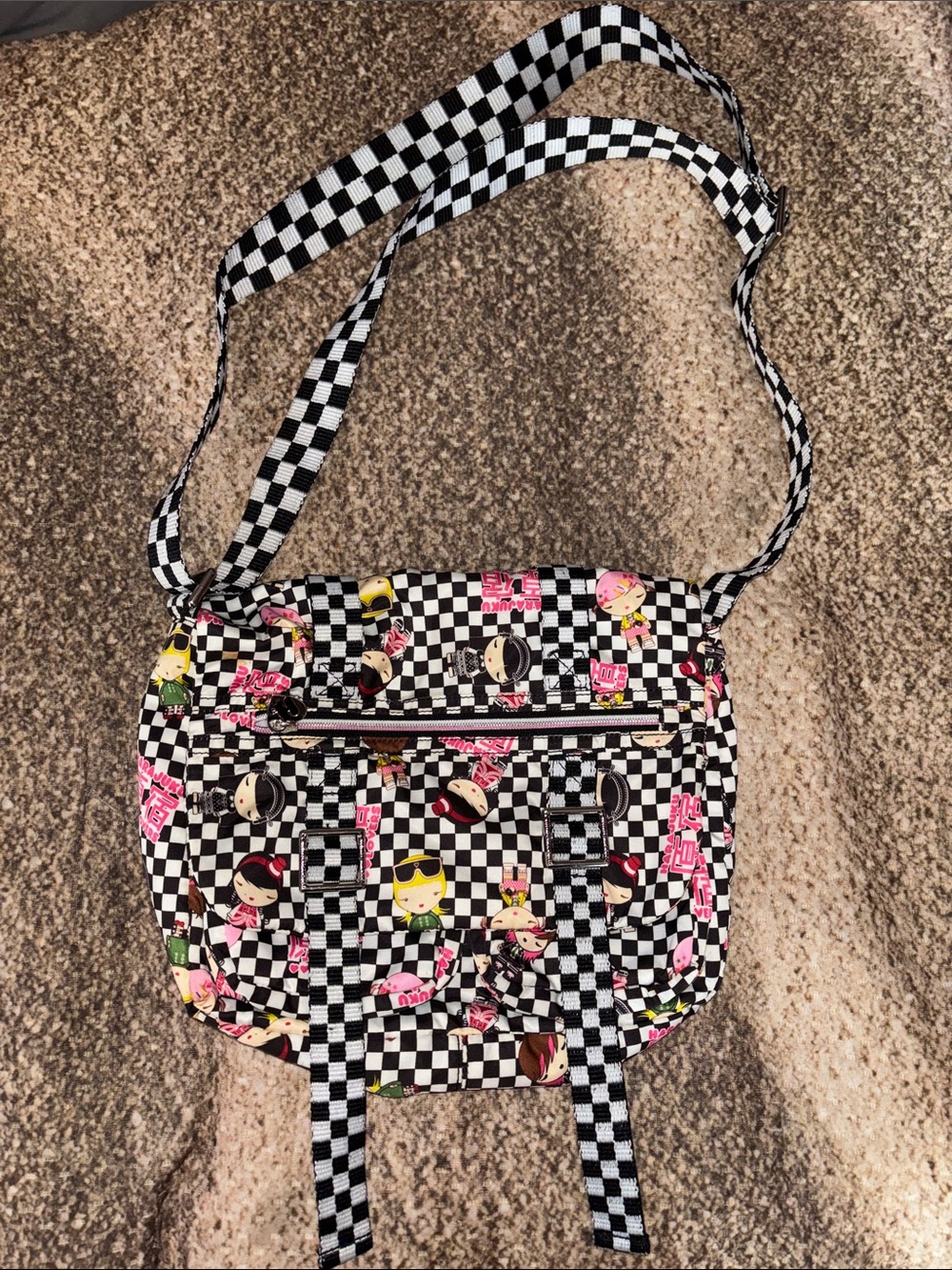 Harajuku Black & White Checker Crossbody Bag with Pink Cartoon Accents EUC